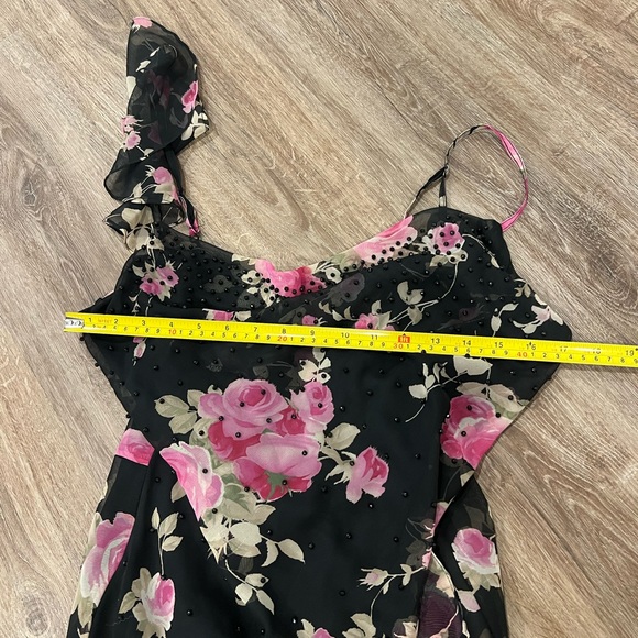 Vintage fairy core asymmetrical strap and hem black with pink floral midi dress - Picture 9 of 10